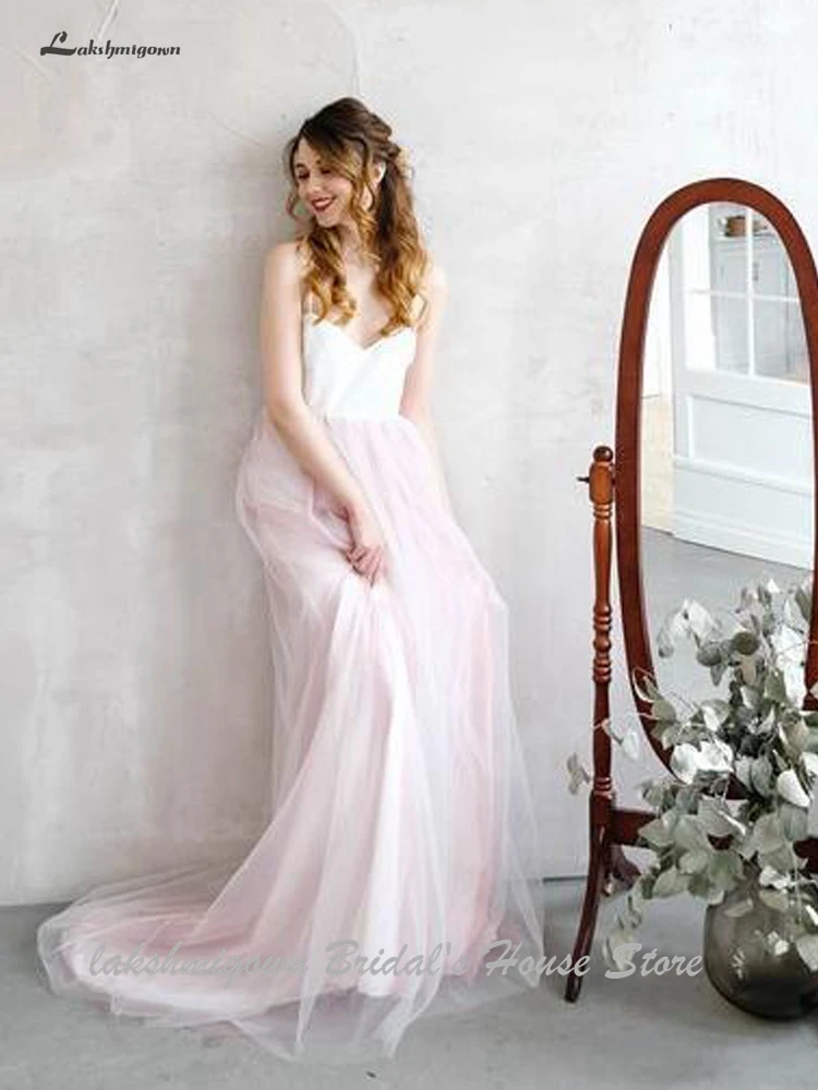 Vestido Novia простое Бохо пляжное свадебное платье на тонких бретелях нежно-розовый тюль Свадебные платья на заказ с коротким шлейфом - Цвет: Blush Pink