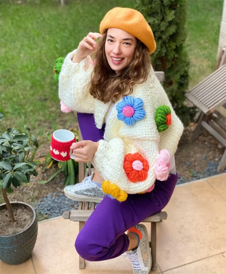 Sweet 3d Flower Loose Cardigan For Women Autumn Winter Cute Floral