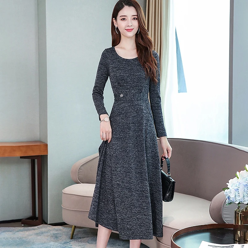 Elegant Long Sleeve Autumn Dress Female O Neck Dress Women Mid length