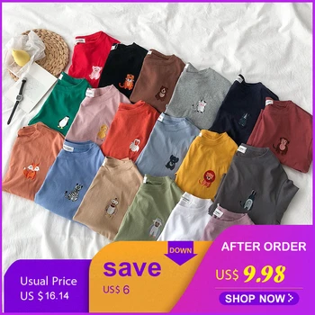 

Animal Embroidery Women T Shirt Long Sleeve Candy Kawaii Female Tee Shirts Tops