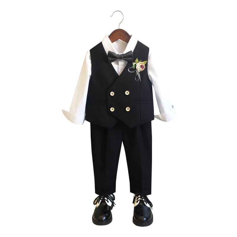 Boys Formal Double Breasted Dress Suits Set Spring Autumn British Children Birthday Party Performance Costume Kids Vest Pants