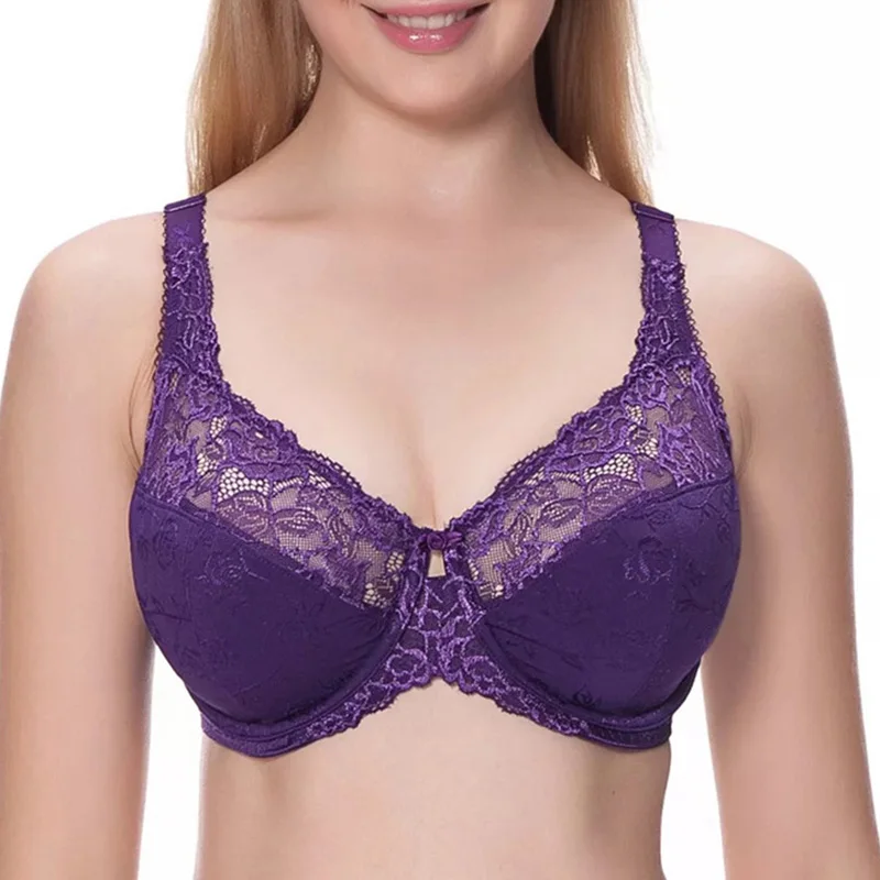34, 36, 38, 40, 4, 44 DD, E, F, G, H, для женщин, полный охват размера плюс, без подкладки, жаккардовый, без подкладки, прозрачный, на косточках, бюстгальтер-минимайзер, пуш-ап - Цвет: Deep purple