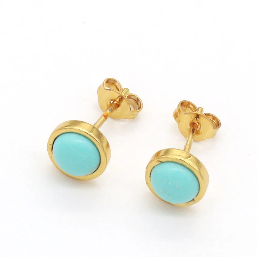 

FYJS Unique Light Yellow Gold Color Small Round Green Turquoises Stone Stud Earrings Trendy Jewelry