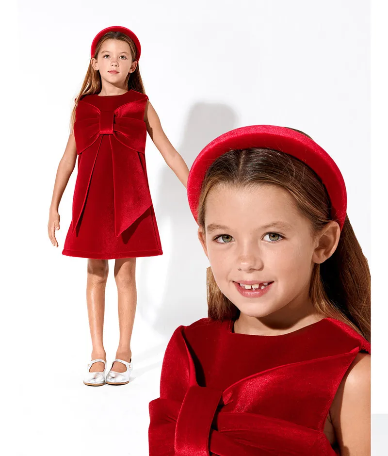 New Year Child Big Bow Red Corduroy A-line Dress Party Princess Kids Dresses For Girls Christmas Clothing 1-6 Year Old girls dress princess costume kids clothes