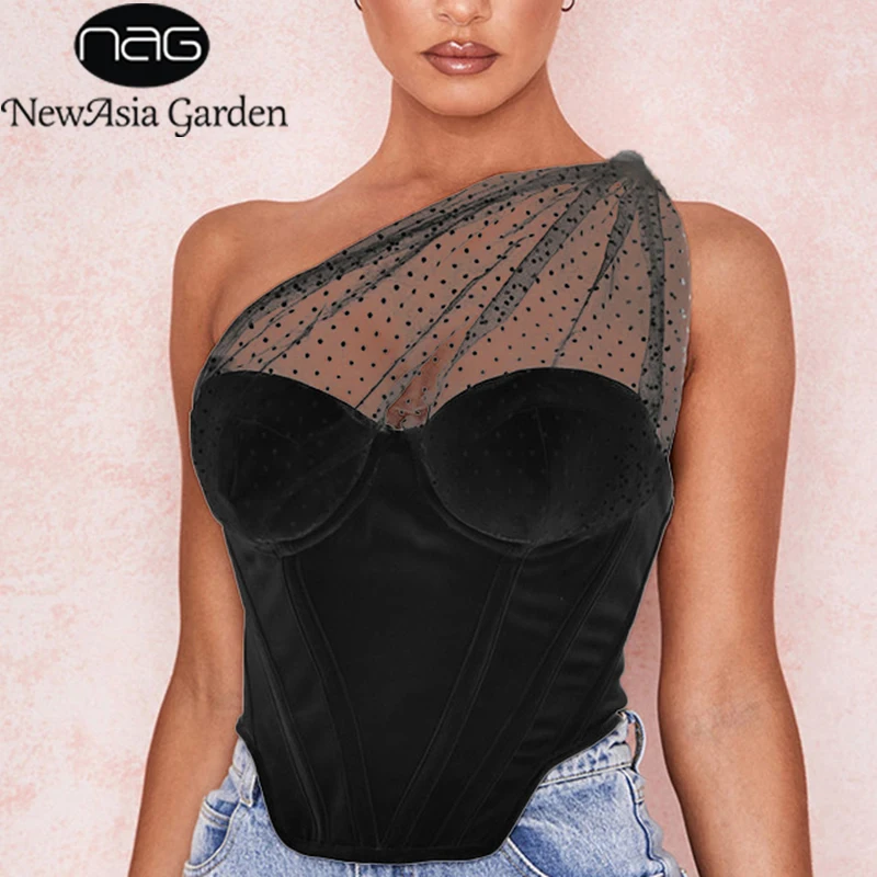 

NewAisa Summer Black Crop Tops Women Splice Polka Dot Mesh One Shoulder Sexy Tank Top Push Up Padded Boned Corset White 2020