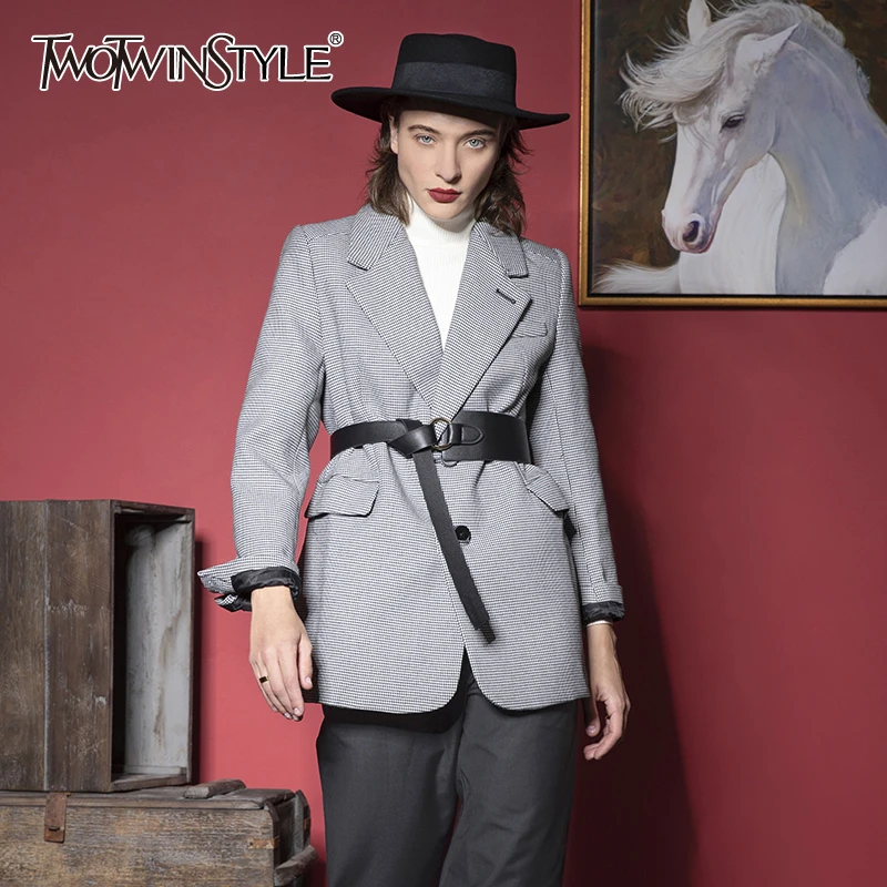 TWOTWINSTYLE клетчатое Женское шерстяное пальто v образный вырез туника длинный рукав