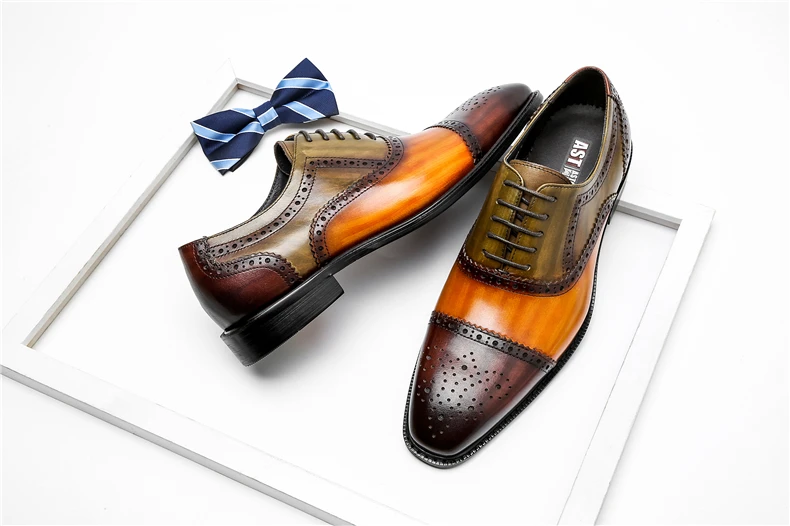 Phenkang Men Genuine Wingtip Leather Oxford Shoes Pointed Toe Laces Up Oxfords Dress Brogues Wedding Business Platform Shoes