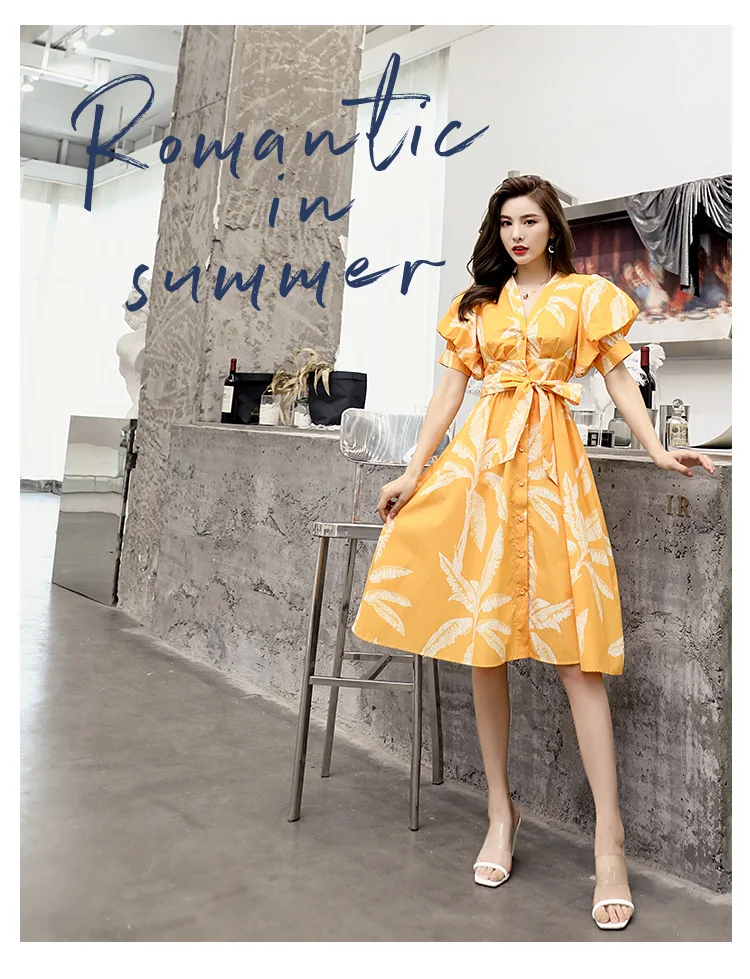 Delocah Runway Fashion Summer Dress Women's Puff Sleeve Printed Bow Tie Collect Waist Elegant Casual Holiday Ball Gown Dresses