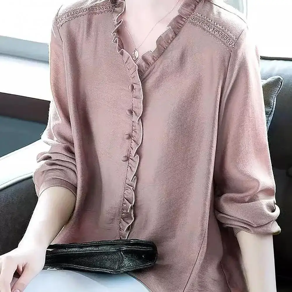 

Solid Oversize M-4XL Women Shirts Ruffles V Neck Loose Blouse Women Elegant Long Sleeves Shirt Office Ladies Chic Tops Summer