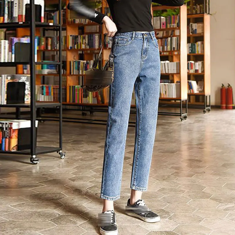 Осенние джинсы с эластичной резинкой на талии женские шаровары с высокой талией винтажные свободные прямые морские брюки женские джинсовые брюки джинсы длиной до щиколотки