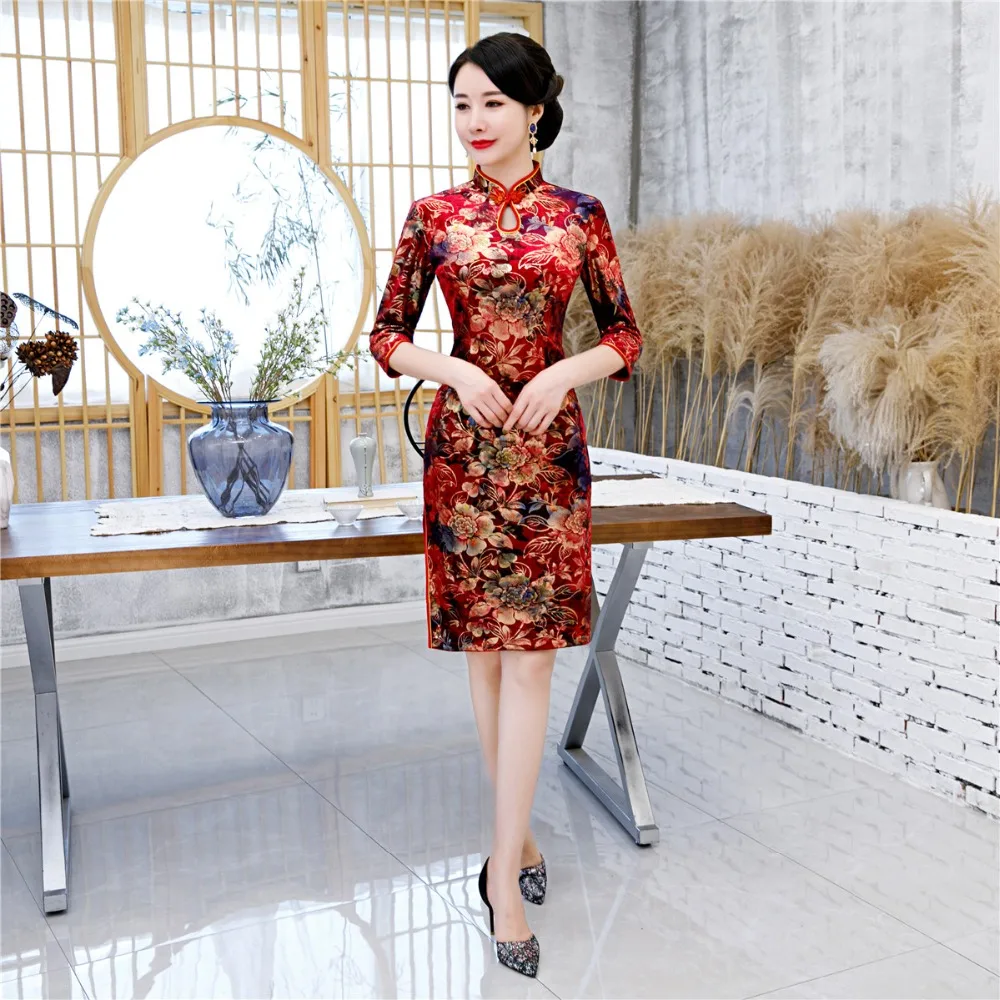 Shanghai Story 2019 осень зима Cheongsam 3/4 рукав до колена вельветовое китайское платье Ципао