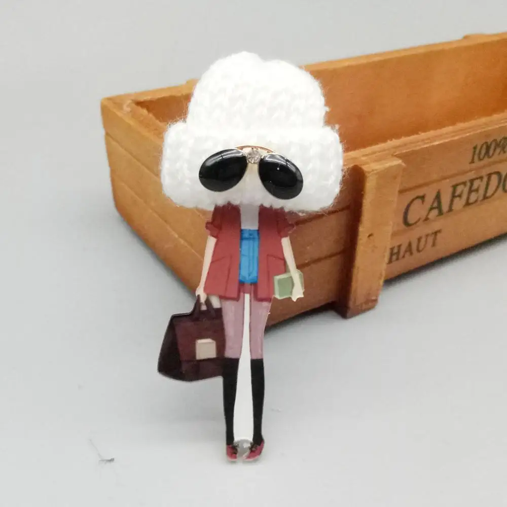 Модная брошь на булавках Женская Брошь для девочек вязаная шапка модели персонажей из мультфильмов Акриловые Броши Kawaii одежда с помпонами ювелирные изделия аксессуары - Окраска металла: Style26