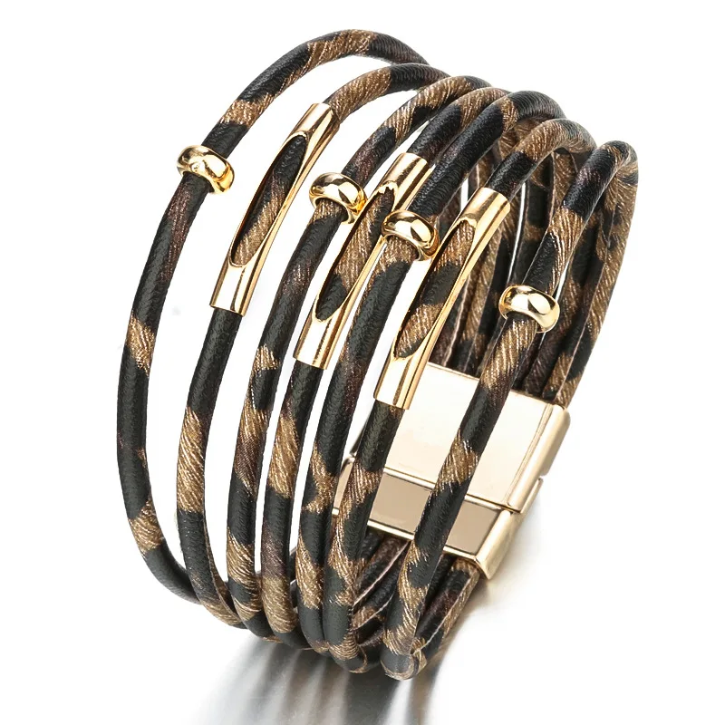 

Leopard Print Metal Beaded Genuine Leather Bracelet Women 2020 Fashion Thin Band Boho Multilayer Wide Bracelet Women Jewelry