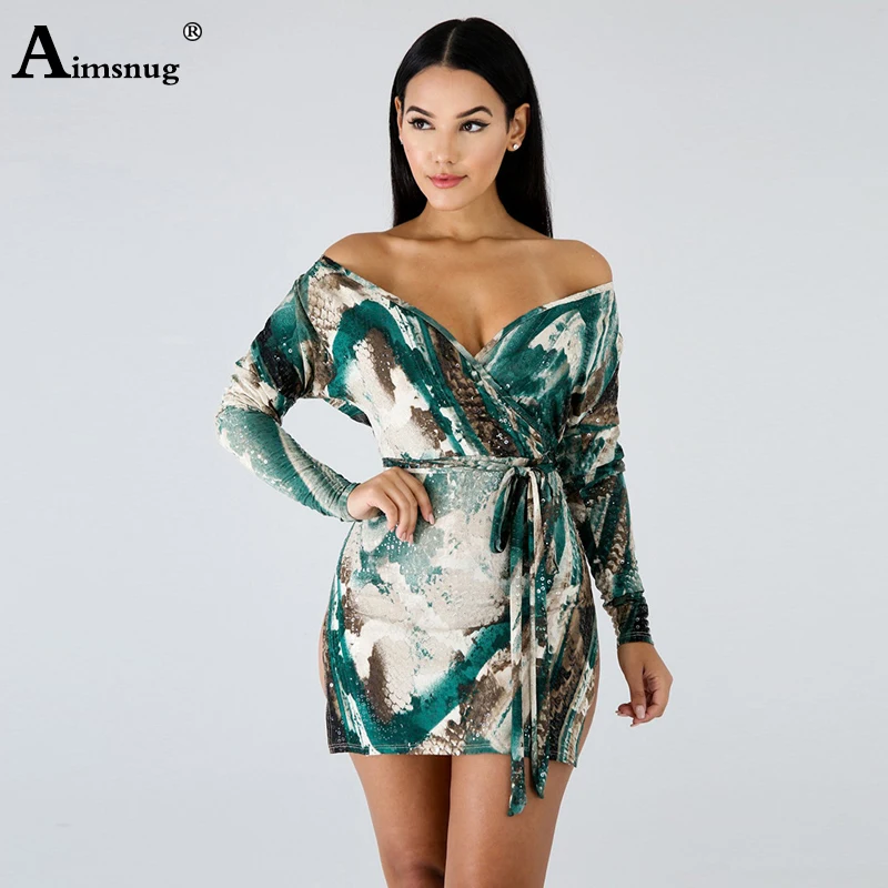 

Aimsnug Boho Printed Slim Deep V Neck Long Sleeve Lace-up Bilateral Split Mid Waist Autumn New Streetwear Women Mini Dress