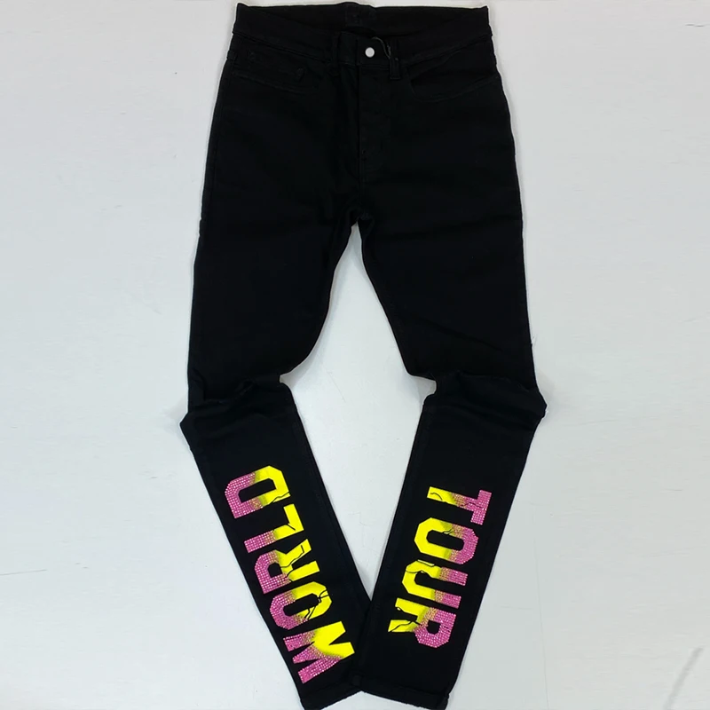 y2k Men's Stretchy Ripped Skinny Black Jeans Slim High Quality Hole Trousers Aesthetic Rhinestones Streetwear Denim Pencil Pants