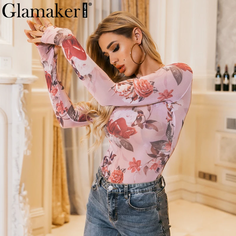 Glamaker винтажный Красный боди с цветочным принтом розы женский весенний сетчатый