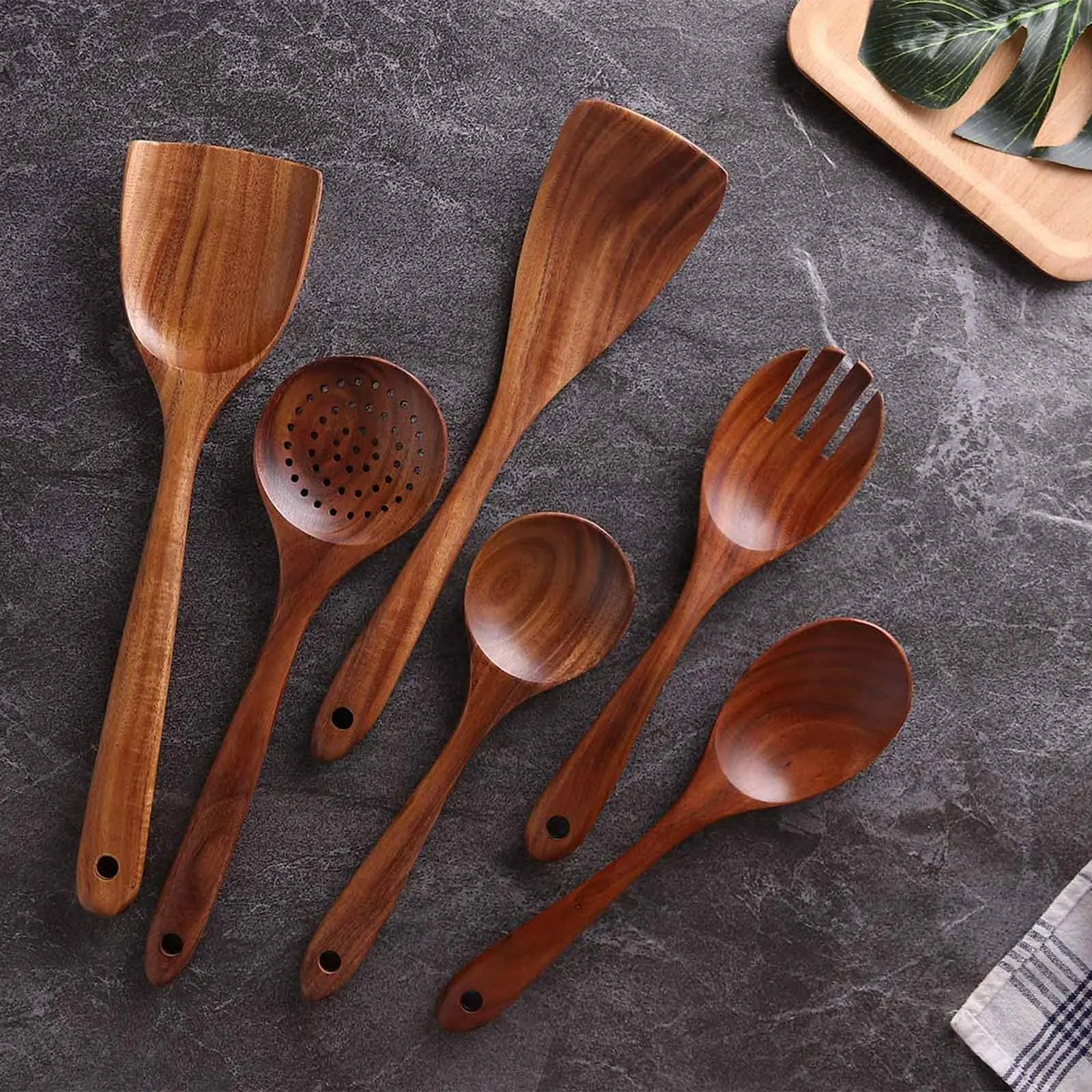Wood Spoon Set Spoon Kit Wooden Colander Wood Long Handle 6Pcs/Set