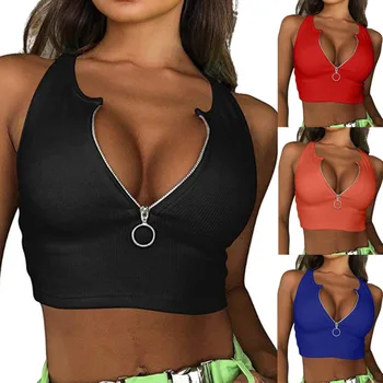 

New Women Slim Zipper Tank Tops Casual Solid Crop Top Short Sleeve T-Shirt Cami