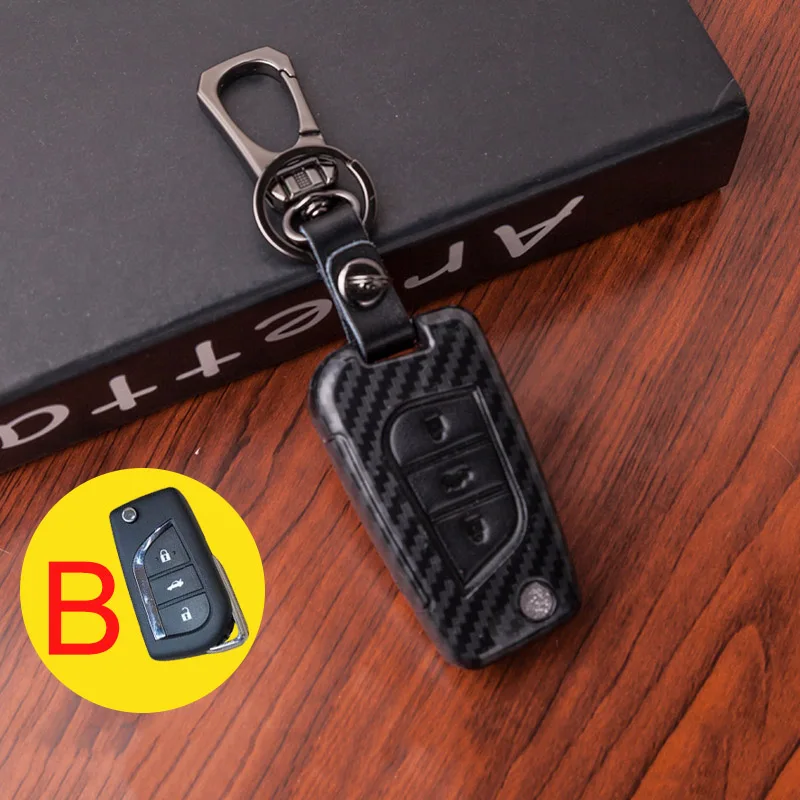 Чехол-брелок из углеродного волокна+ кожи для Toyota Corolla Rav4 Land Cruiser 200 Prado Avensis Auris Yaris Camry - Название цвета: B  Black