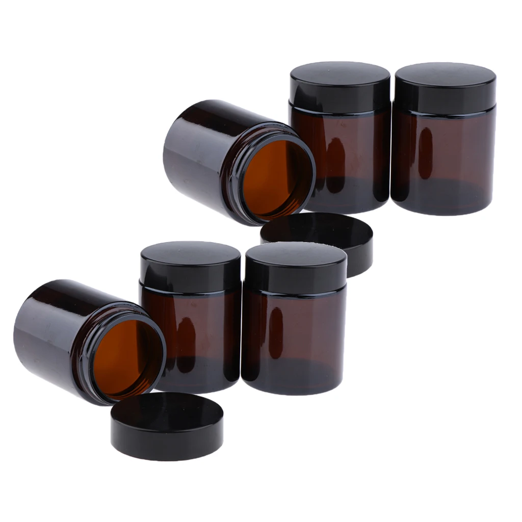 6Pcs Brown Glass Refillable Cosmetic Jars Empty Face Cream Lip Balm Storage Container Pot Bottle with Black Lids (100ml)