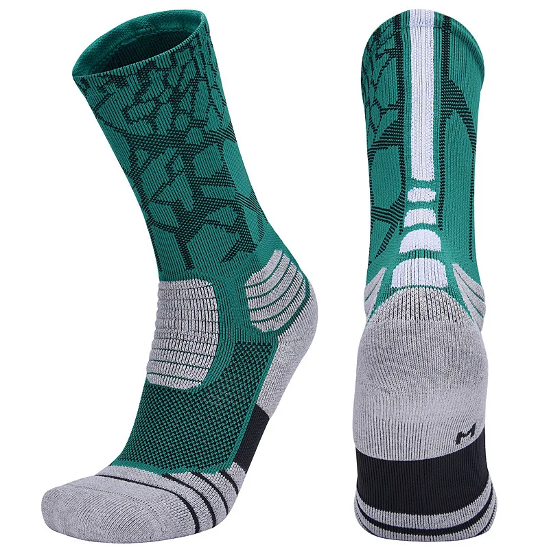 Basketball Socks Unisex Cotton Breathable Anti-friction Sox Sweat-absorbing Sports Skateboard Towel Socks Adult Fitness - Цвет: GreenWhite