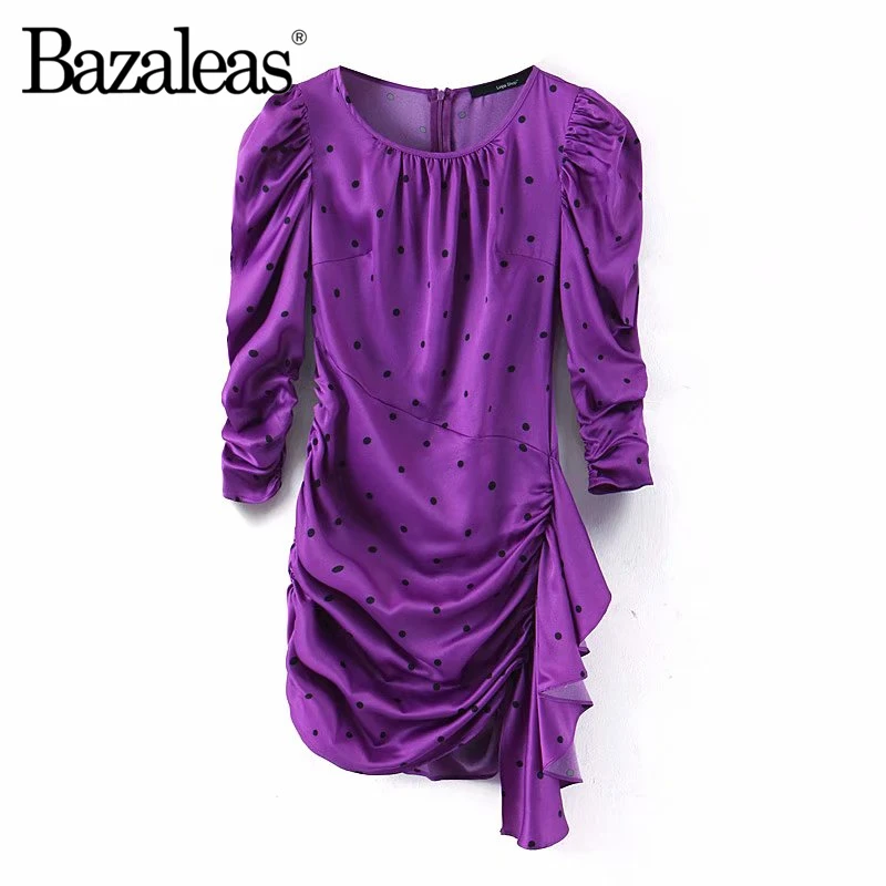 9169 purple L195 Bazaleas, винтажное мини-платье с рукавами-фонариками, в горошек, vestidos, Франция, сбоку, с рюшами, фиолетовое, женское платье - Цвет: 9169 purple L195