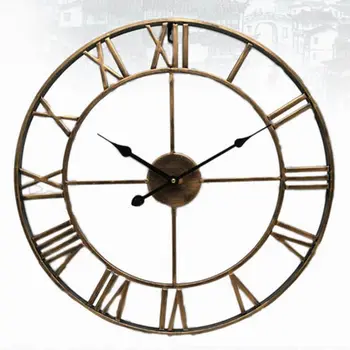 

40/47CM Nordic Metal Roman Numeral Wall Clocks Retro Iron Round Face Black Gold Large Outdoor Garden Clock Home Decoration