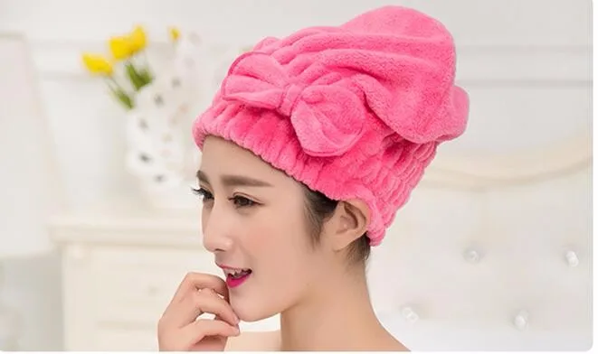 1pc multi colors Coral fleece women girl bath and shower dry hair care protect protection cap with Bow Free shipping