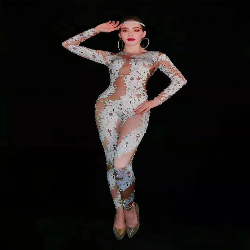 Женский сексуальный цветочный принт с длинным рукавом стразы комбинезон Beyonce сценическое Боди Певица наряд танцевальный костюм одежда
