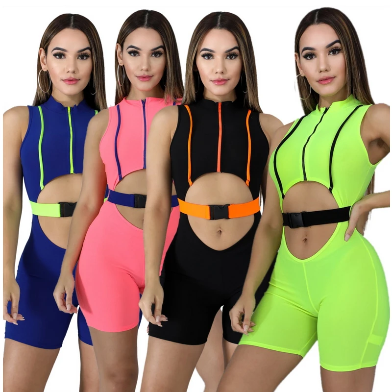Buckle Hole Cut Out Bodycon Bodysuit Zipper Front Sexy One Piece Bandage Playsuits Shorts Club Wear Solid Color Sleeveless