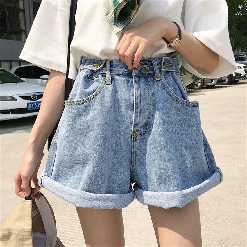 ヴィンテージハイウエストデニムショートパンツ女性 夏の韓国スタイルカジュアルロールアップポケットブルーショートパンツジーンズ Feminino Aliexpress レディース衣服