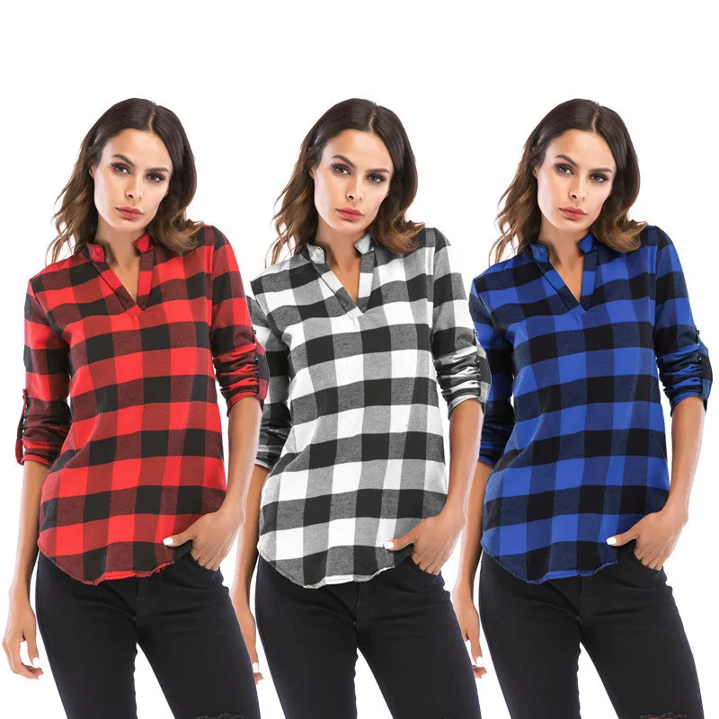 

6XL Plus Size Loose Casual Long Shirt Tops Fashion Plaid V-Neck Full Sleeve Autumn Women Blouse 2019 New Retro Blusas Female Top