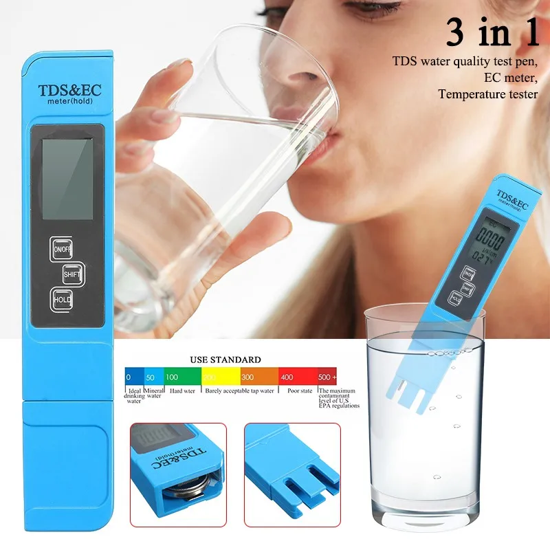 

3 IN 1 Digital LCD TDS EC TEMP PPM Meter Tester Filter Pen Water Quality Purity Digital TDS Meter Tester For Water Quality Test