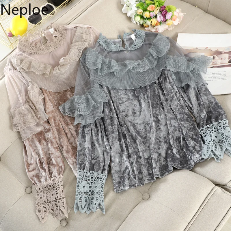 Neploe, Ретро стиль, о-образный вырез, кружевная вставка, Золотая Бархатная блузка, модная, элегантная, с оборками, длинный рукав, блузка, осень, весна, открытая, новая рубашка