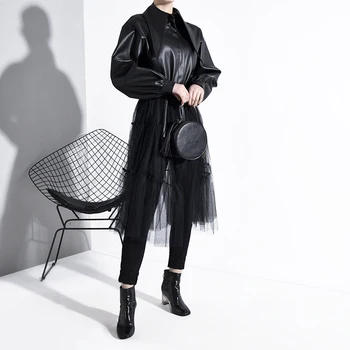 

LANMREM 2020 new spring turn-down collar lantern sleeves PU leather patchwork mesh single breasted jacket dress PB27901