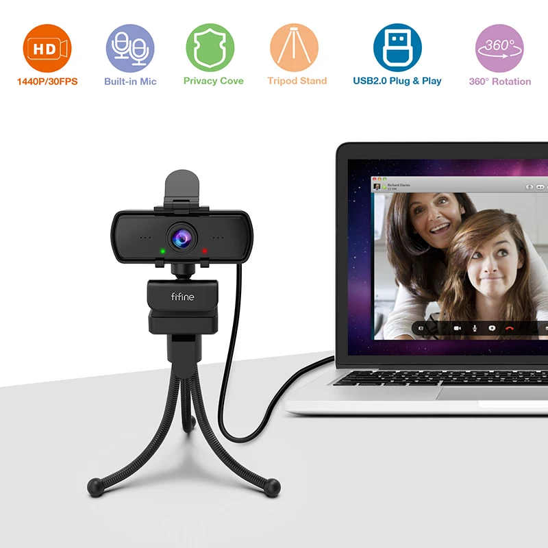 Full HD Webcam with Built-in Microphone and Rotatable Tripod, 1080P Video  and Wide Angle Camera, Privacy Cover, for Desktop PC or Laptop Computer