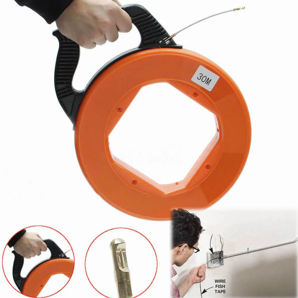 

Portable 30 Meter Fiberglass Fish Tape Fishing Tool Reel Puller Conduit Duct Rodder Pulling Wire Cable