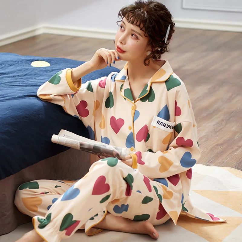 

SP&CITY Cute Colorful Love Hearts Pattern Pajamas Woman Student Cartoon Homewear Set For Girls Turn-down Collar Female Lingerie