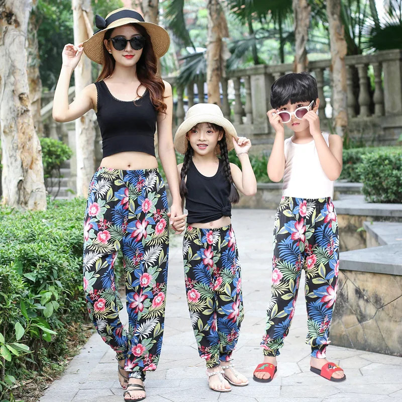 Free Shipping 2019 Women Summer Trousers Girls boys Beach Casual Seaside Sunscreen Shade Flower Pants Family Matching Outfits Free Shipping 2019 Women Summer Trousers Girls boys Beach Casual Seaside Sunscreen Shade Flower Pants Family Matching Outfits