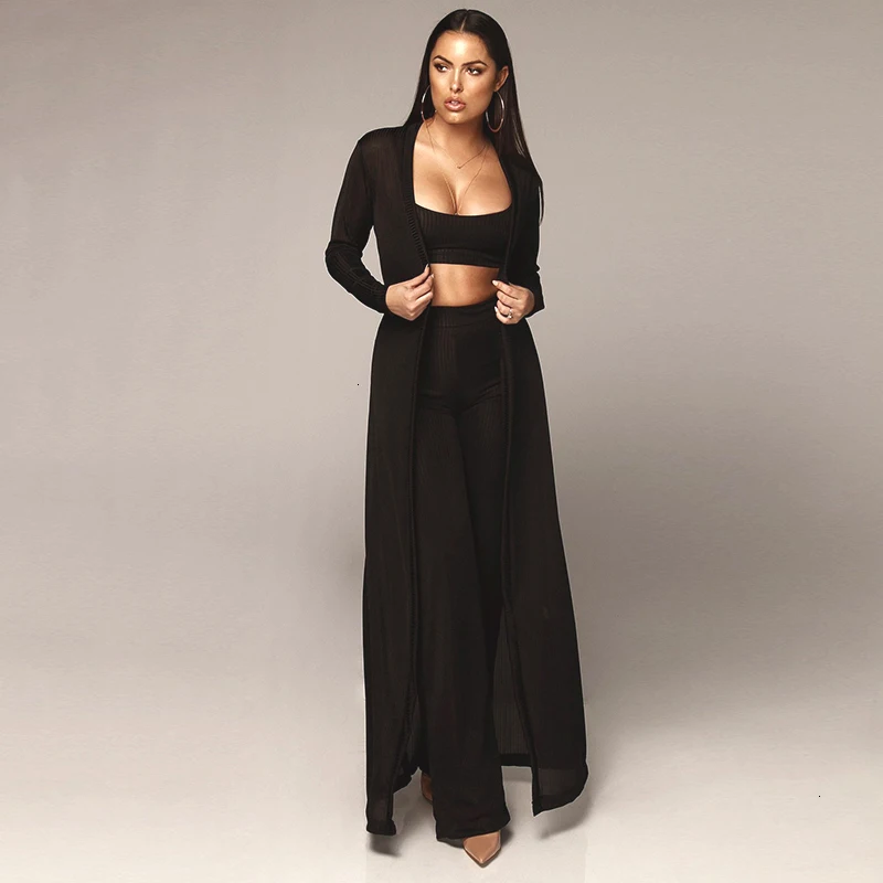 Tobinoone, однотонный вязаный сексуальный комплект из 3 предметов, осенне-зимний укороченный топ, штаны и пальто, облегающий эластичный комплект, женские комплекты из трех предметов