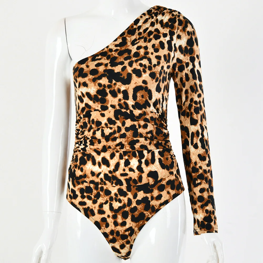 INGOO, сексуальное леопардовое Женское боди на одно плечо, модное облегающее боди с открытой промежностью и длинным рукавом, обтягивающее боди, Женский Топ - Цвет: Leopard
