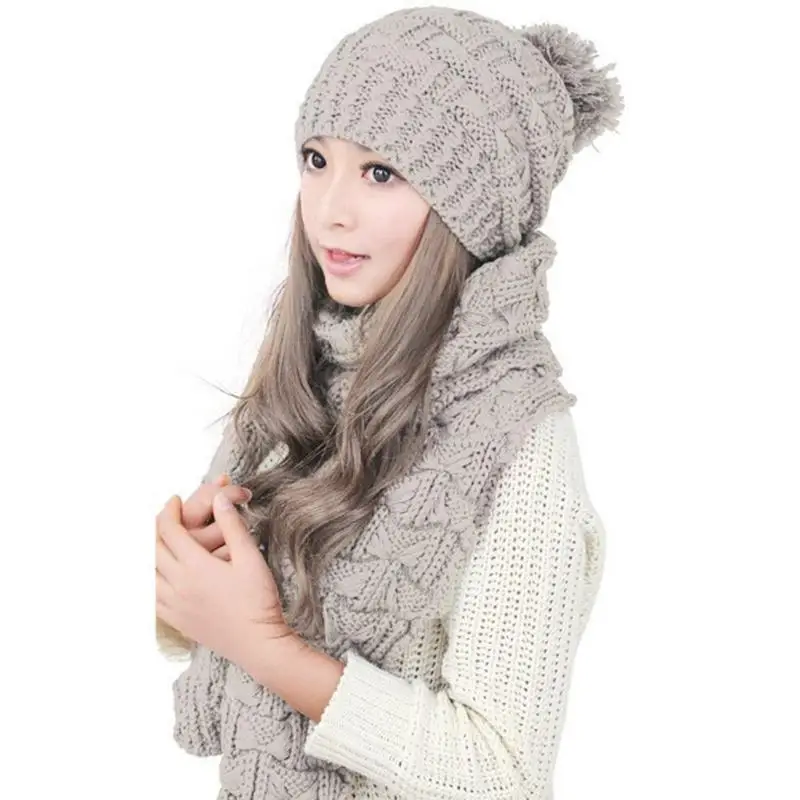 Сплошной цвет вязания шапки женские осенне-зимние теплые утолщенные шарф обёрточная шапка набор мягкие теплые вязаные шапки с черепом - Цвет: Бежевый