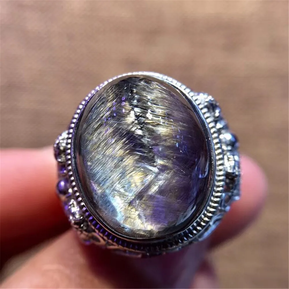 

17x14mm Top Natural Brookite Silver Rutilated Quartz Ring For Woman Man Energy Lucky Crystal Stone Adjustable Ring Jewelry AAAAA
