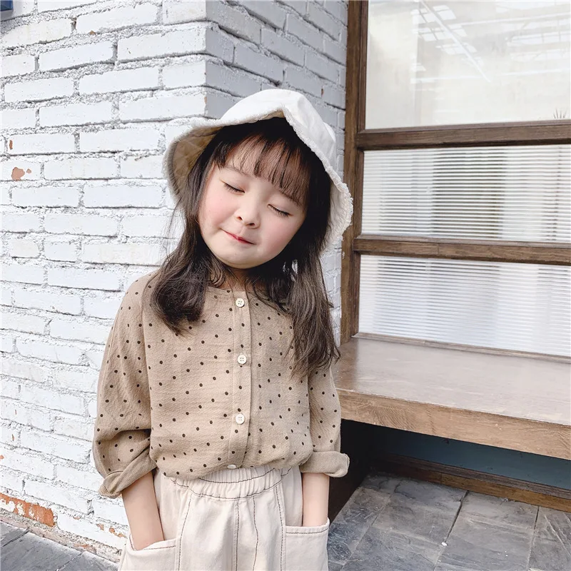 Korean style cute dot sigle-breasted shirts for fashion girls cotton 2 colors casual shirt clothes
