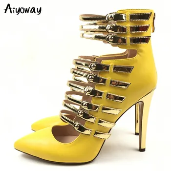 

Aiyoway New Women Thin High Heel Sandals Party Sexy Heels Fashion Rome Hollow Zipper Woman Cool Boots Big Size Yellow