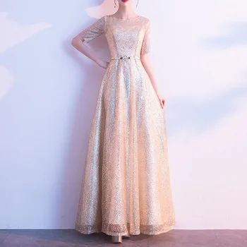 

Champagne Elegant Prom Dress Scoop Neck Short Sleeves Lace A Line Floor Length Evening Party Gowns Prom Dresses