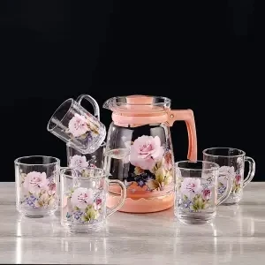 Бытовая стеклянная бутылка для холодной воды, чашка с принтом, стеклянный чайник большой емкости, взрывозащищенный термостойкий - Цвет: 7 piece set