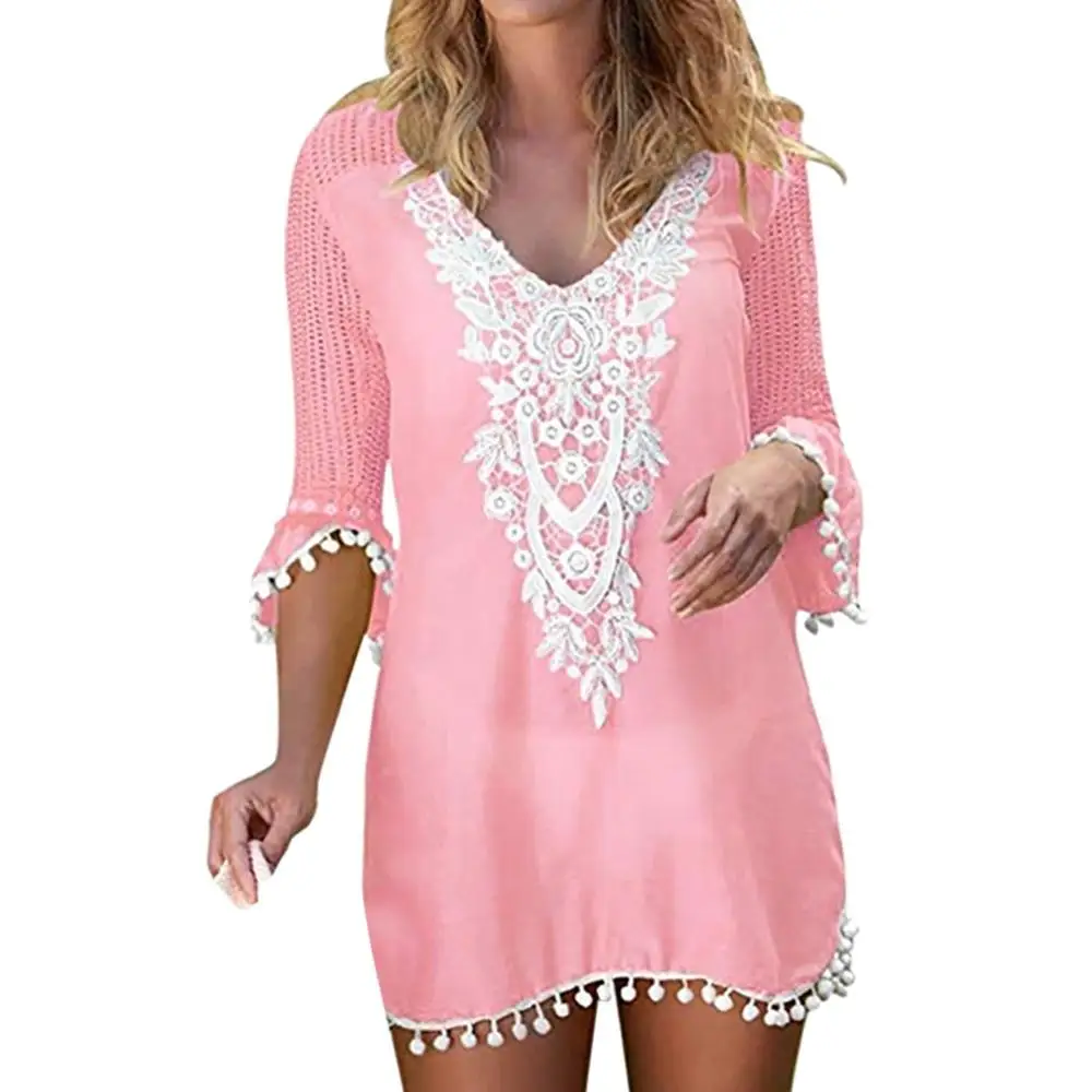 Женское бикини, цветочное кружево, кисточка, вязаный купальник, накидка, пляжная одежда, синее свободное пляжное платье, летняя одежда - Цвет: Розовый