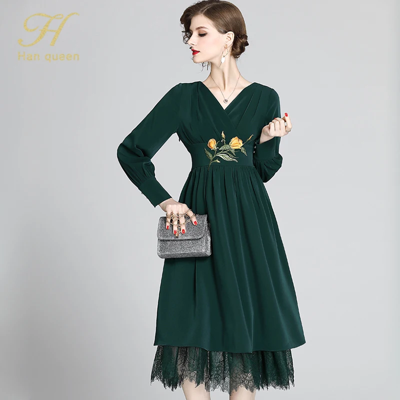 Dark green H han queen/весеннее винтажное платье с вышивкой, облегающее модное кружевное лоскутное платье до середины икры, Повседневные Вечерние платья для женщин, ТРАПЕЦИЕВИДНОЕ ПЛАТЬЕ - Цвет: Dark green