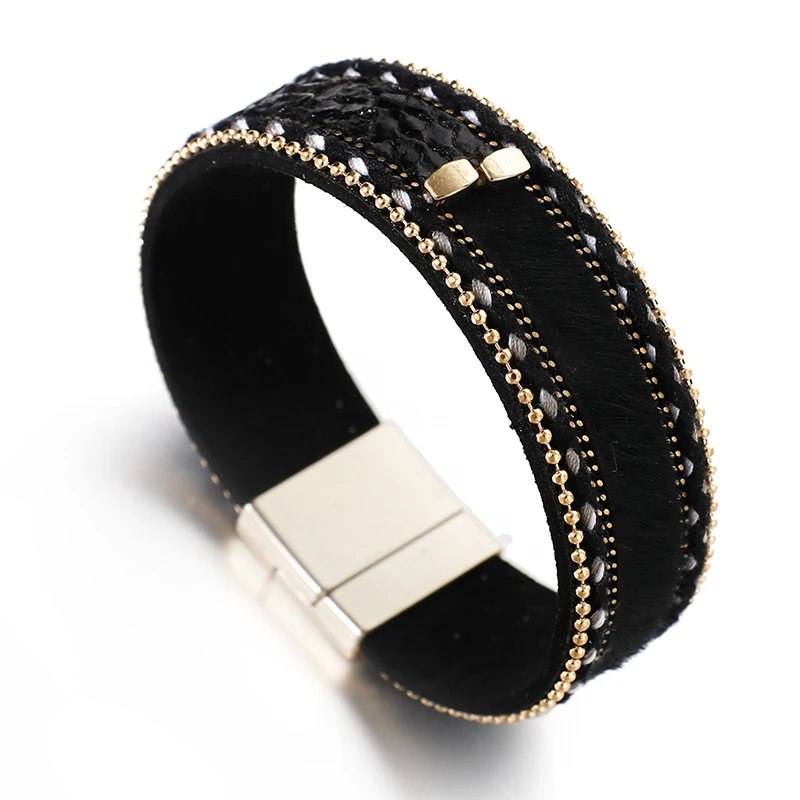 Amorcome змеиной и леопардовой кожи браслеты для женщин винтажные женские кожаные браслеты женские ювелирные изделия - Окраска металла: Black